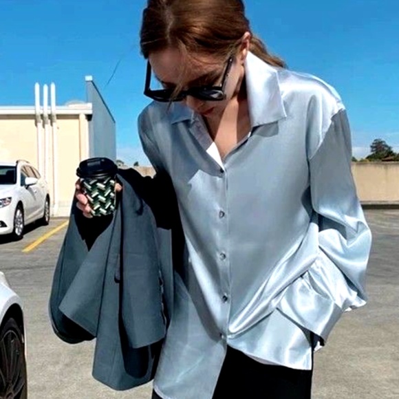 NEW WITH TAGS! ZARA SATIN POWDER BLUE DROP-SHOULDER SHIRT - Picture 1 of 4